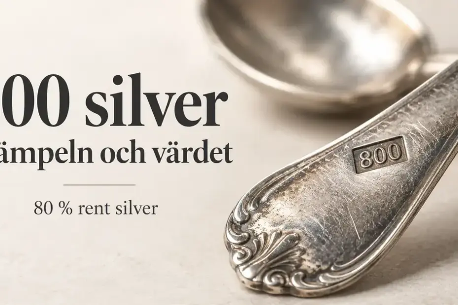 Närbild av ett silverskedskaft med stämpeln 800 intill texten ”800 silver – Stämpeln och värdet” och ”80 % rent silver”.