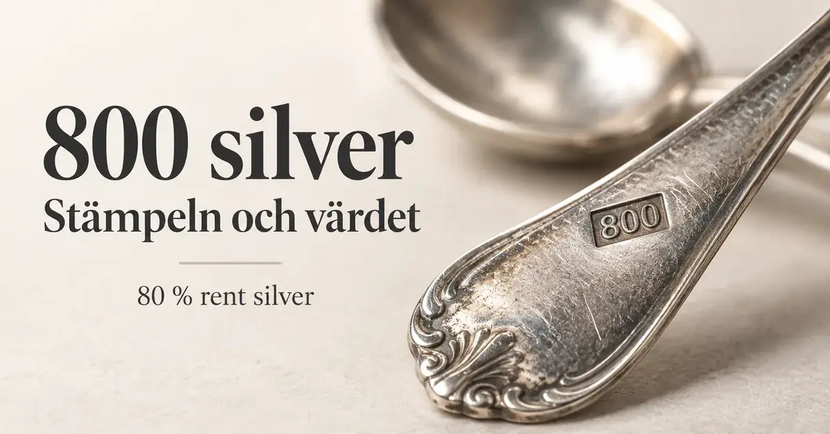 Närbild av ett silverskedskaft med stämpeln 800 intill texten ”800 silver – Stämpeln och värdet” och ”80 % rent silver”.