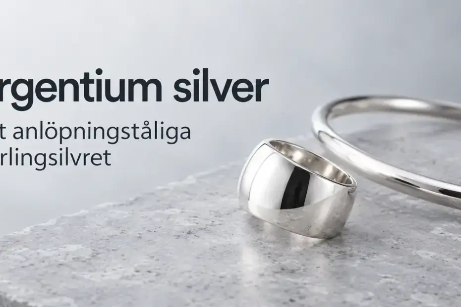 En blank silverring och ett silverarmband på en ljus stenyta intill texten ”Argentium silver – Det anlöpningståliga sterlingsilvret”.