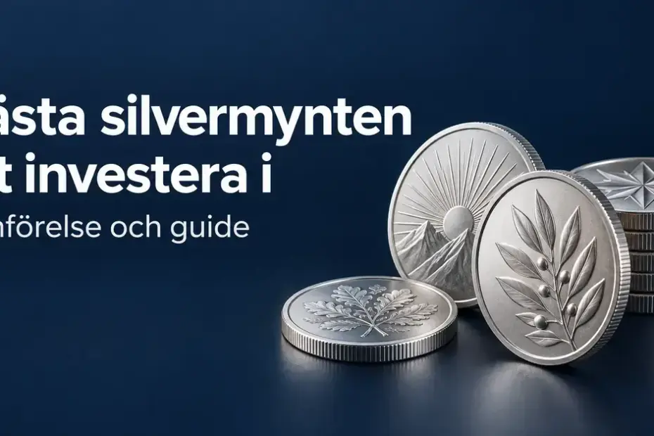 Silvermynt med dekorativa motiv och en myntstapel mot mörkblå bakgrund intill texten ”Bästa silvermynten att investera i – Jämförelse och guide”.