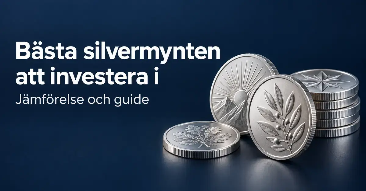 Silvermynt med dekorativa motiv och en myntstapel mot mörkblå bakgrund intill texten ”Bästa silvermynten att investera i – Jämförelse och guide”.