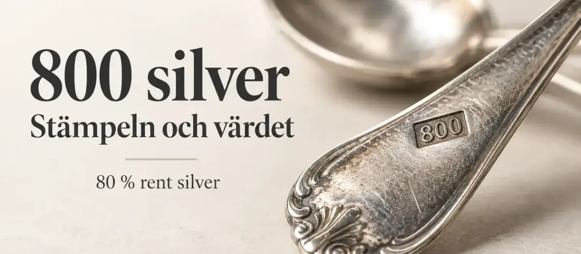 Närbild av ett silverskedskaft med stämpeln 800 intill texten ”800 silver – Stämpeln och värdet” och ”80 % rent silver”.