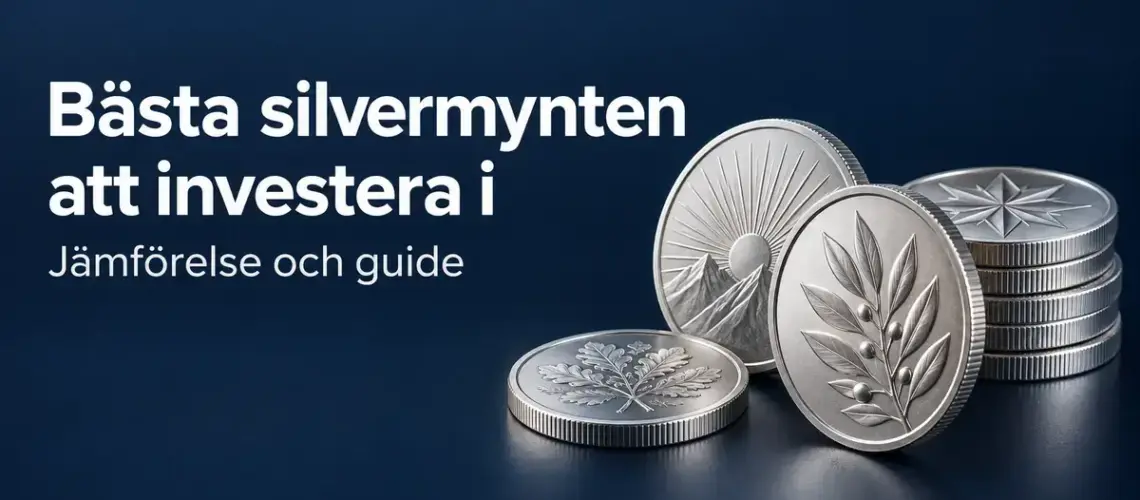 Silvermynt med dekorativa motiv och en myntstapel mot mörkblå bakgrund intill texten ”Bästa silvermynten att investera i – Jämförelse och guide”.