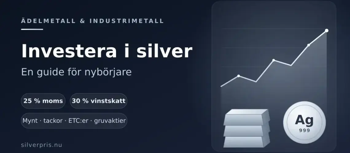 Illustration med staplade silvertackor, ett silvermynt märkt Ag 999 och en stigande prisgraf, under rubriken "Investera i silver – en guide för nybörjare".