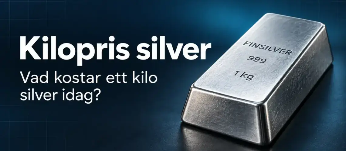 Silvertacka märkt finsilver 999 och 1 kg mot mörkblå bakgrund bredvid texten ”Kilopris silver – Vad kostar ett kilo silver idag?”.