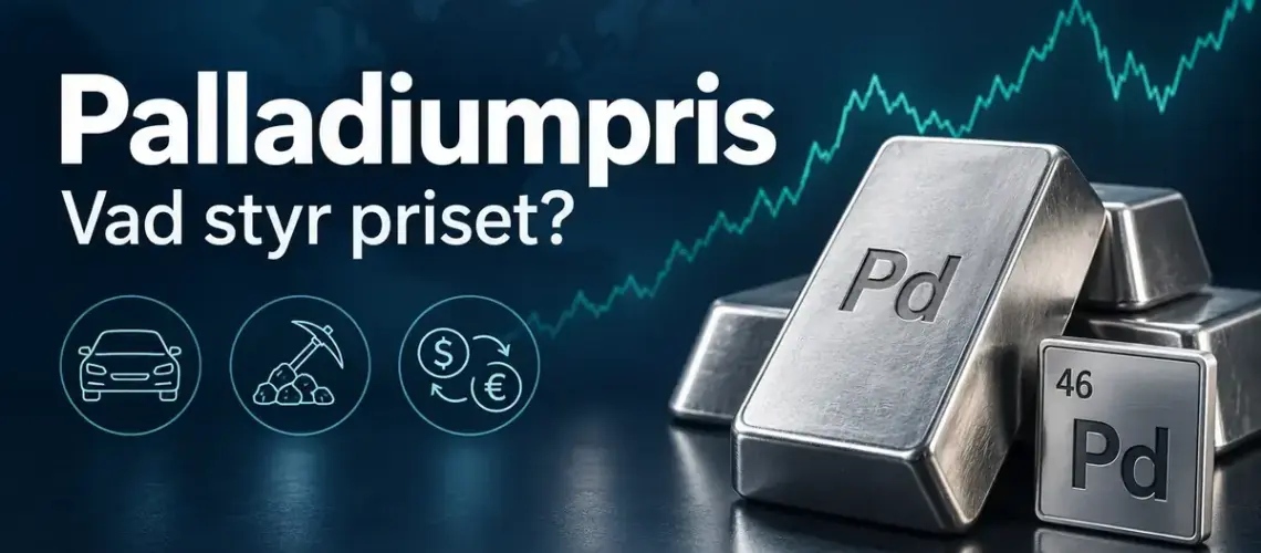 Palladiumtackor med beteckningen Pd framför en stiliserad priskurva och symboler för bilindustrin, gruvdrift och valutahandel, med texten ”Palladiumpris – Vad styr priset?”.
