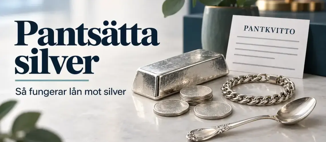 Silvertacka, silvermynt, armband och sked bredvid ett pantkvitto med rubriken ”Pantsätta silver – så fungerar lån mot silver”.