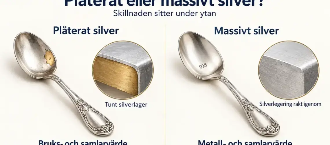 Jämförelse mellan pläterat och massivt silver med två skedar och genomskärningar som visar ett tunt silverlager över mässing respektive en silverlegering rakt igenom.
