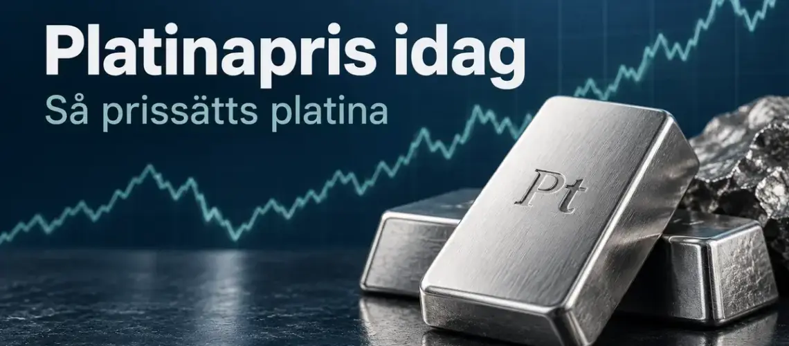 Platinatackor med beteckningen Pt framför en stiliserad priskurva och texten ”Platinapris idag – Så prissätts platina”.