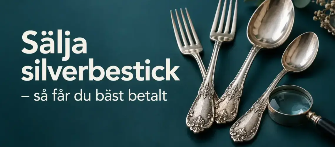 Dekorerade silvergafflar och silverskedar med ett förstoringsglas mot mörk turkos bakgrund och texten ”Sälja silverbestick – så får du bäst betalt”.