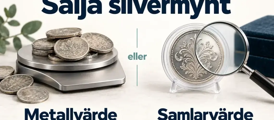 Silvermynt på en våg och ett mynt i kapsel under ett förstoringsglas illustrerar skillnaden mellan metallvärde och samlarvärde.
