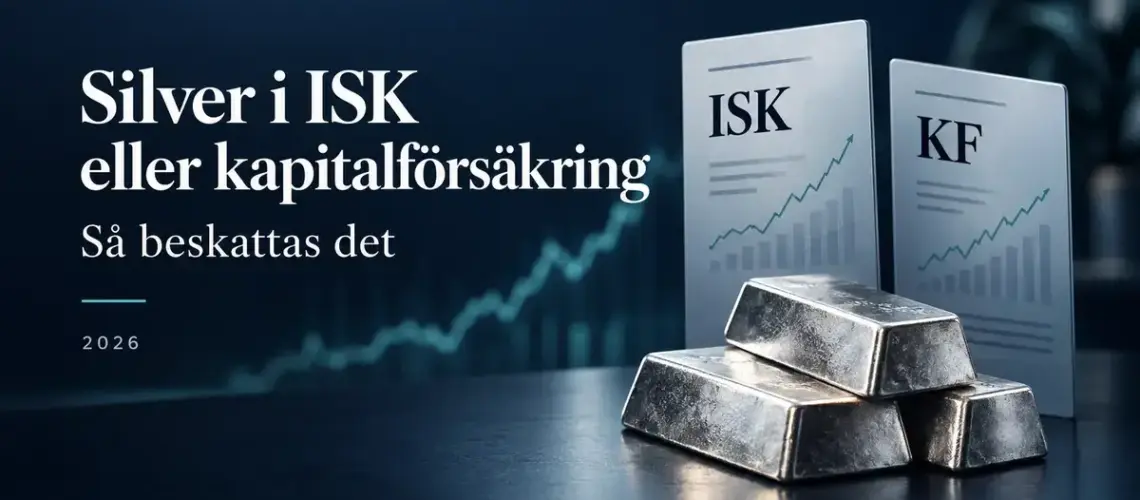 Silvertackor framför dokument märkta ISK och KF med texten ”Silver i ISK eller kapitalförsäkring – Så beskattas det” och årtalet 2026.