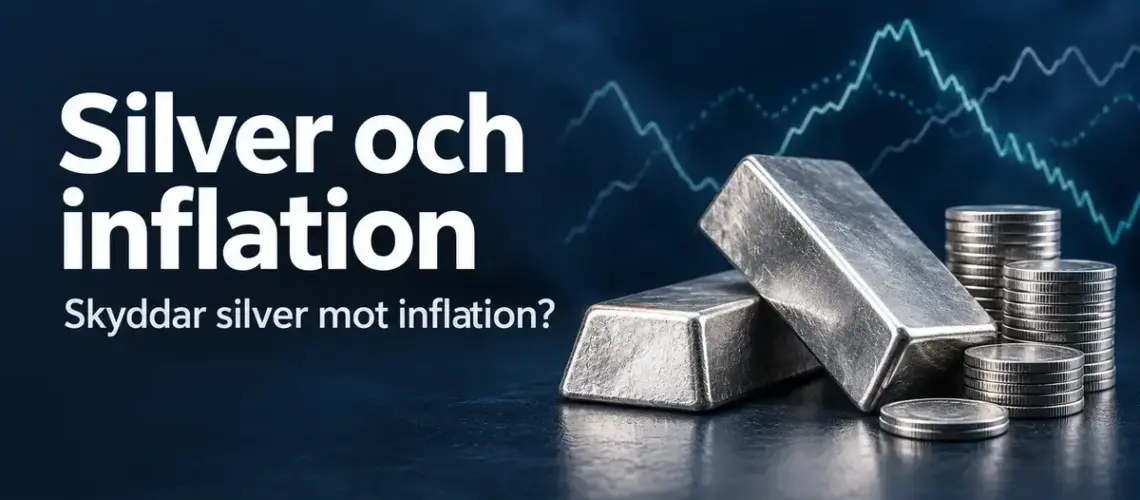 Silvertackor och staplade silvermynt mot mörkblå bakgrund med texten ”Silver och inflation” och frågan ”Skyddar silver mot inflation?”.