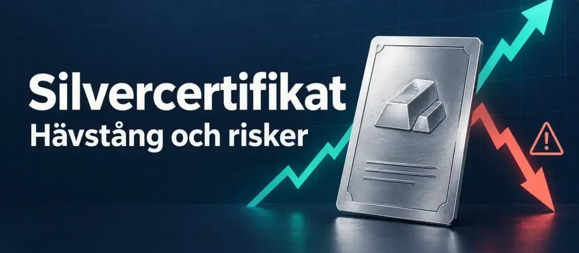 Illustration av ett silvercertifikat med uppåtgående och nedåtgående kurspilar samt en varningssymbol som visar hävstångens möjligheter och risker.