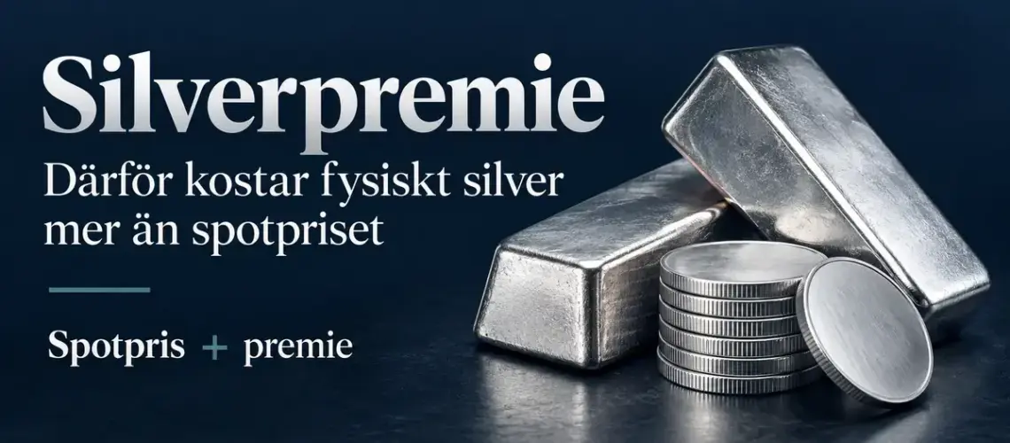 Silvertackor och silvermynt mot mörkblå bakgrund med texten ”Silverpremie – därför kostar fysiskt silver mer än spotpriset” och ”Spotpris + premie”.