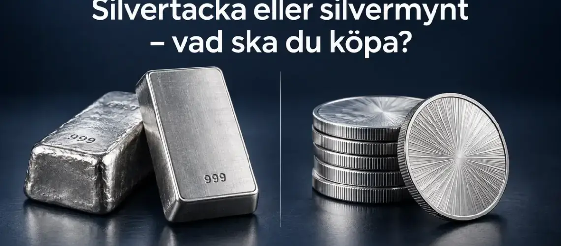 Två silvertackor och en stapel silvermynt mot mörkblå bakgrund med rubriken ”Silvertacka eller silvermynt – vad ska du köpa?”.