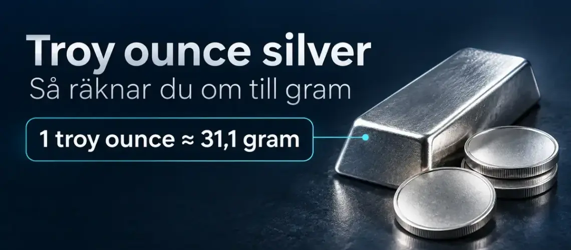 Silvertacka och silvermynt med text som visar att en troy ounce motsvarar cirka 31,1 gram.