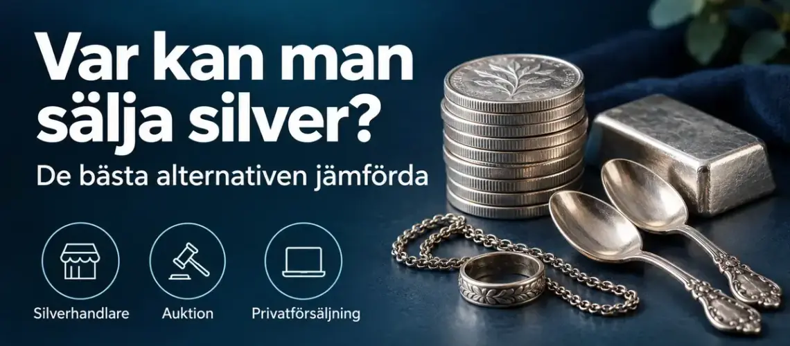 Silvermynt, en silvertacka, silverbestick och smycken tillsammans med symboler för silverhandlare, auktion och privatförsäljning.