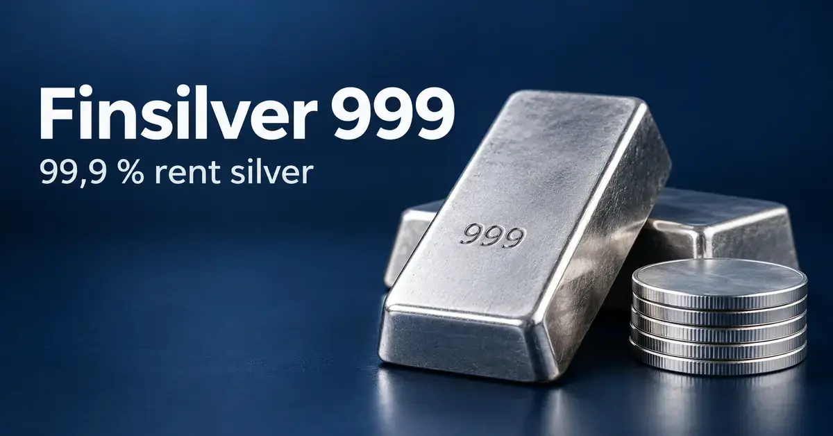 Silvertackor med stämpeln 999 och en stapel silvermynt mot mörkblå bakgrund med texten ”Finsilver 999 – 99,9 % rent silver”.