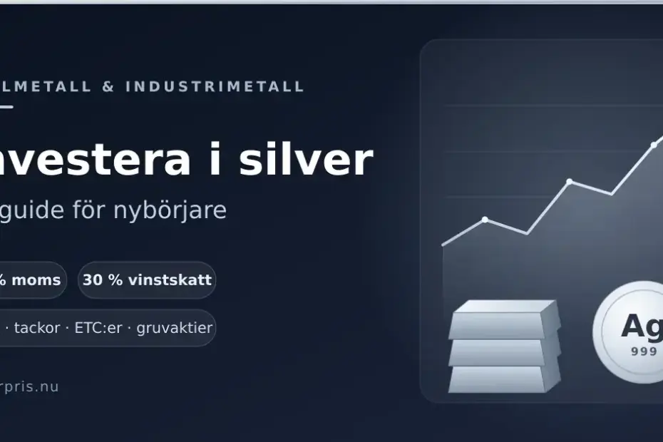 Illustration med staplade silvertackor, ett silvermynt märkt Ag 999 och en stigande prisgraf, under rubriken "Investera i silver – en guide för nybörjare".