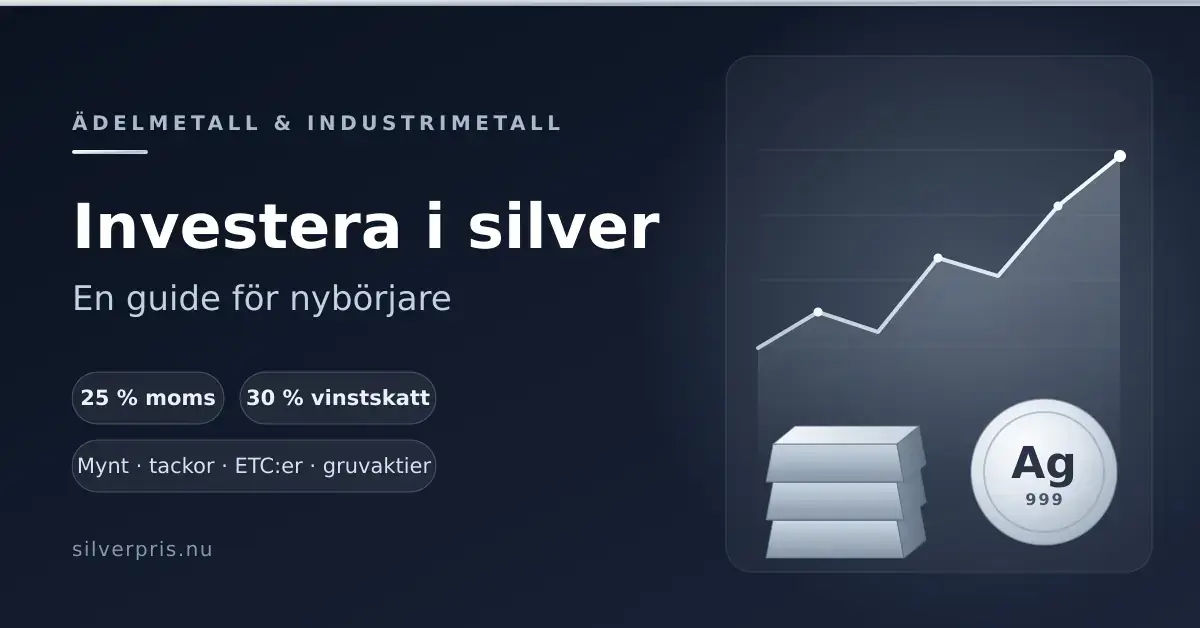 Illustration med staplade silvertackor, ett silvermynt märkt Ag 999 och en stigande prisgraf, under rubriken "Investera i silver – en guide för nybörjare".
