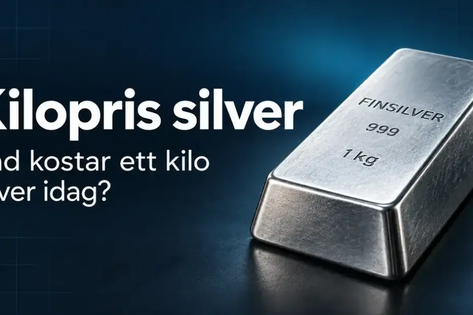 Silvertacka märkt finsilver 999 och 1 kg mot mörkblå bakgrund bredvid texten ”Kilopris silver – Vad kostar ett kilo silver idag?”.