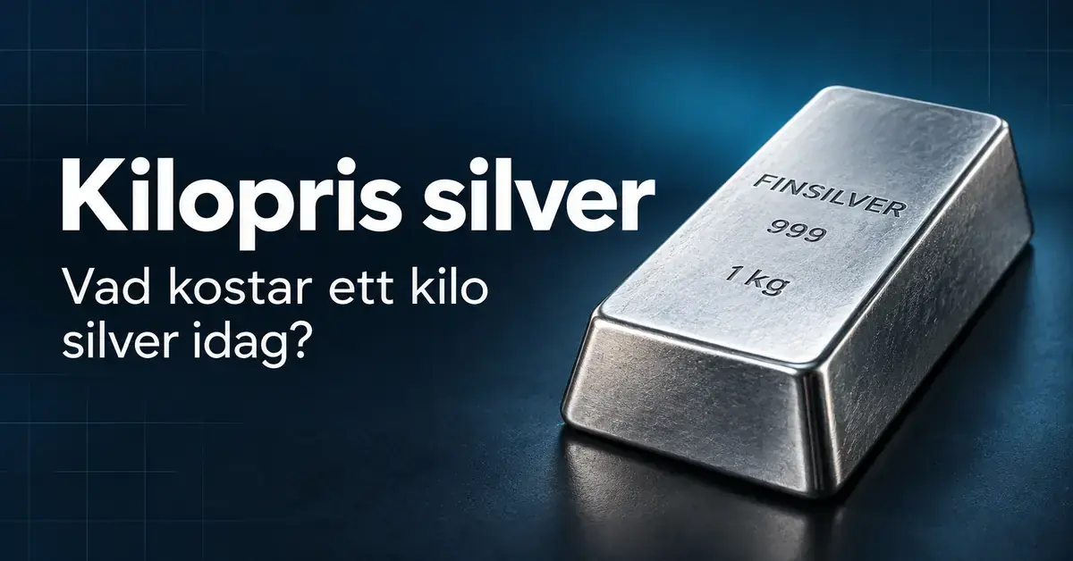 Silvertacka märkt finsilver 999 och 1 kg mot mörkblå bakgrund bredvid texten ”Kilopris silver – Vad kostar ett kilo silver idag?”.