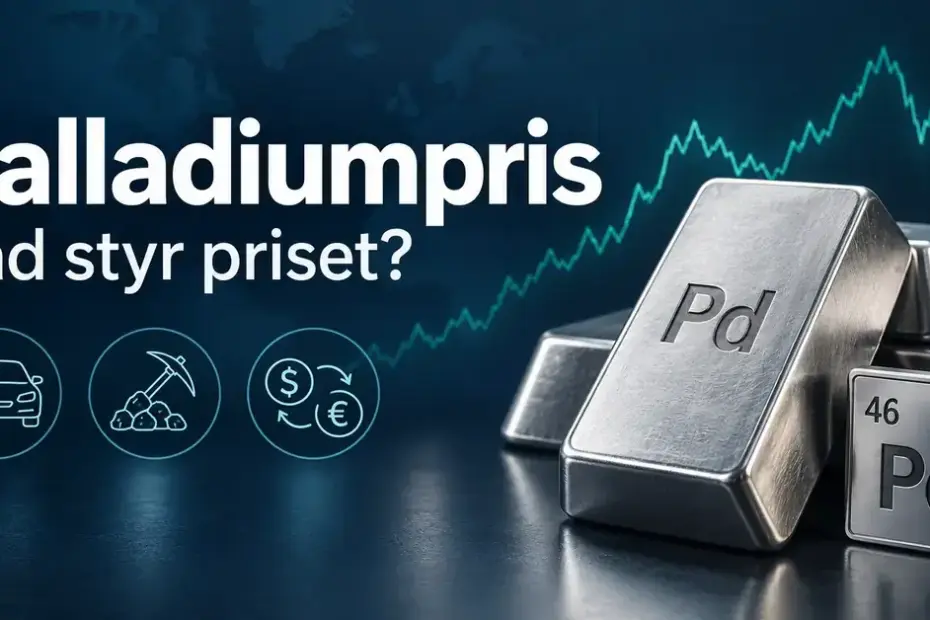Palladiumtackor med beteckningen Pd framför en stiliserad priskurva och symboler för bilindustrin, gruvdrift och valutahandel, med texten ”Palladiumpris – Vad styr priset?”.