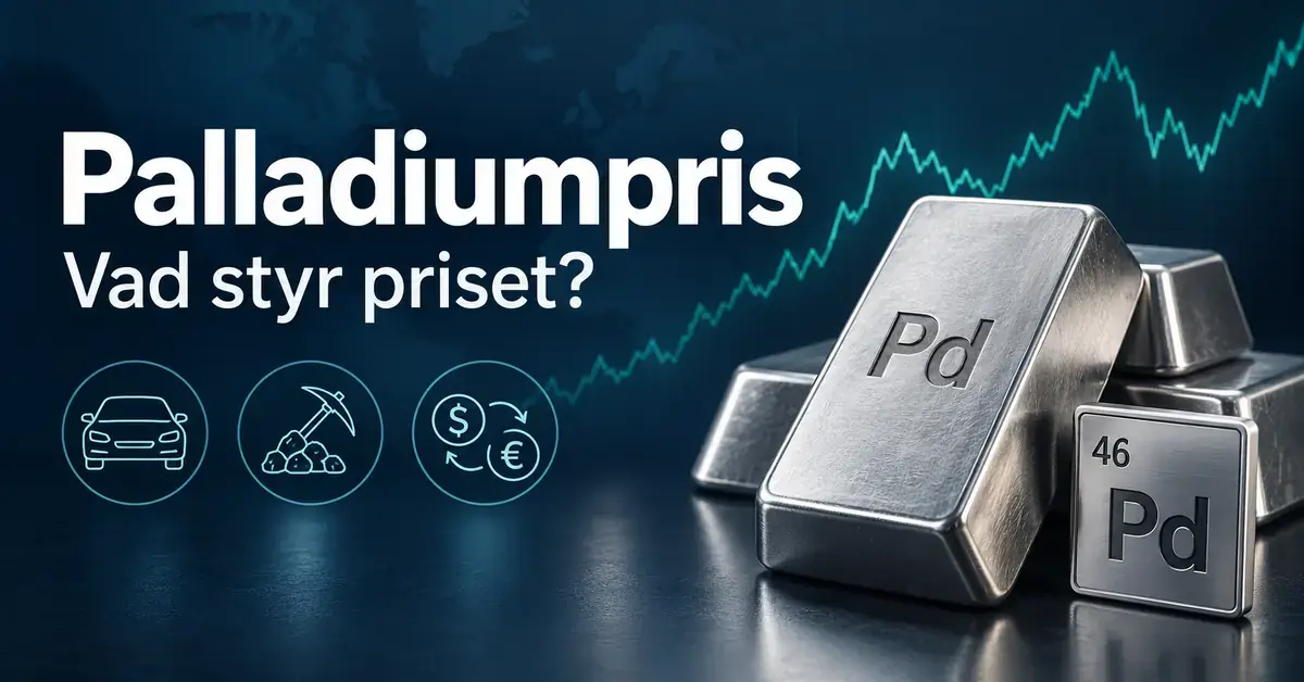 Palladiumtackor med beteckningen Pd framför en stiliserad priskurva och symboler för bilindustrin, gruvdrift och valutahandel, med texten ”Palladiumpris – Vad styr priset?”.