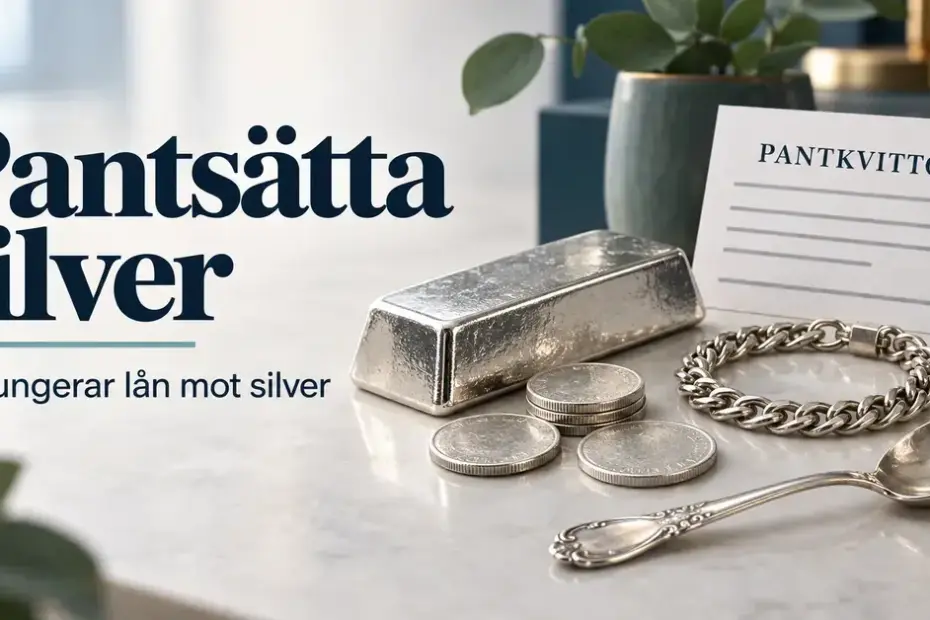 Silvertacka, silvermynt, armband och sked bredvid ett pantkvitto med rubriken ”Pantsätta silver – så fungerar lån mot silver”.