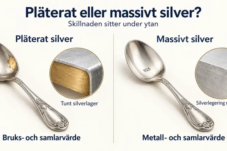 Jämförelse mellan pläterat och massivt silver med två skedar och genomskärningar som visar ett tunt silverlager över mässing respektive en silverlegering rakt igenom.