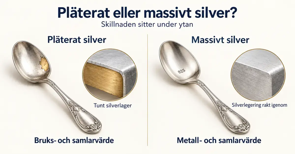 Jämförelse mellan pläterat och massivt silver med två skedar och genomskärningar som visar ett tunt silverlager över mässing respektive en silverlegering rakt igenom.