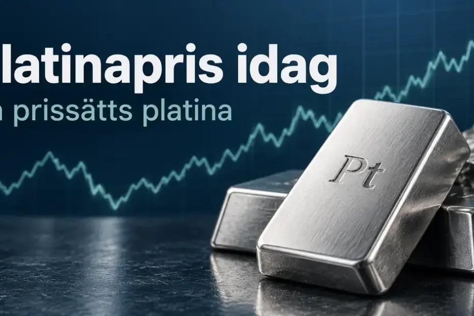 Platinatackor med beteckningen Pt framför en stiliserad priskurva och texten ”Platinapris idag – Så prissätts platina”.