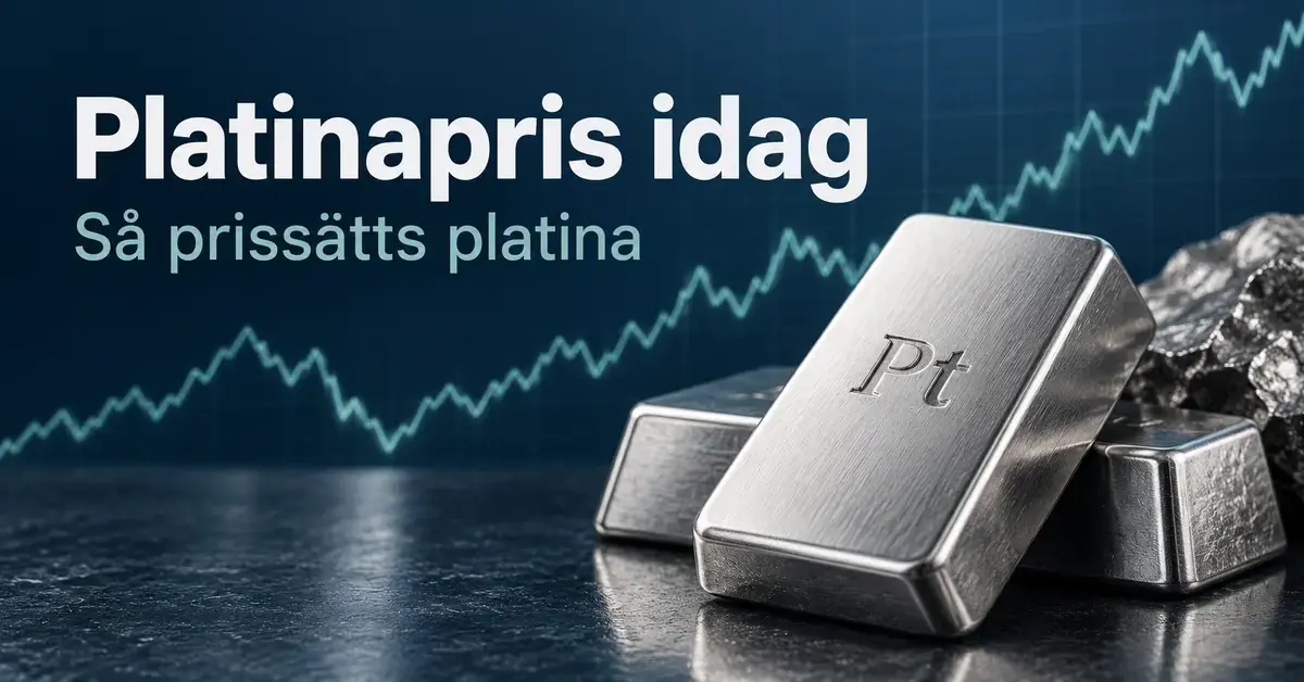 Platinatackor med beteckningen Pt framför en stiliserad priskurva och texten ”Platinapris idag – Så prissätts platina”.