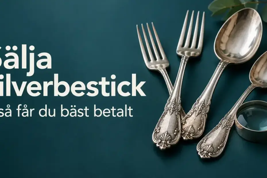 Dekorerade silvergafflar och silverskedar med ett förstoringsglas mot mörk turkos bakgrund och texten ”Sälja silverbestick – så får du bäst betalt”.