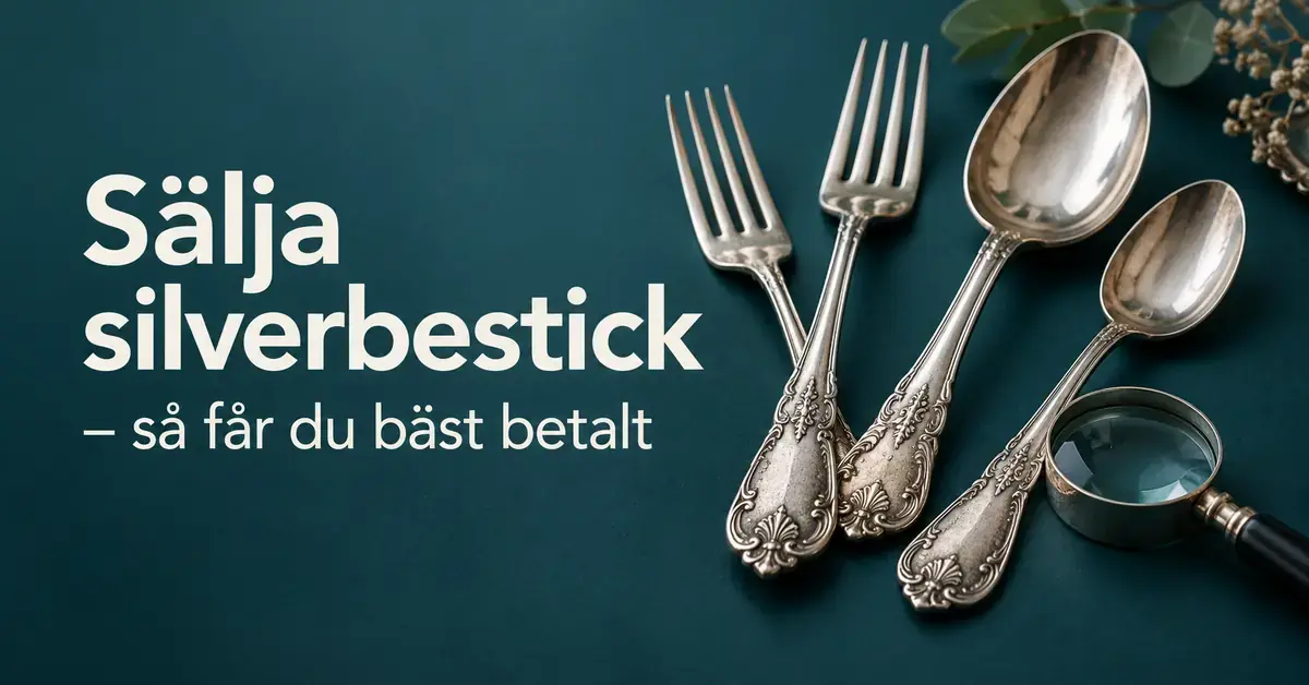 Dekorerade silvergafflar och silverskedar med ett förstoringsglas mot mörk turkos bakgrund och texten ”Sälja silverbestick – så får du bäst betalt”.
