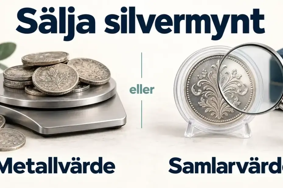 Silvermynt på en våg och ett mynt i kapsel under ett förstoringsglas illustrerar skillnaden mellan metallvärde och samlarvärde.