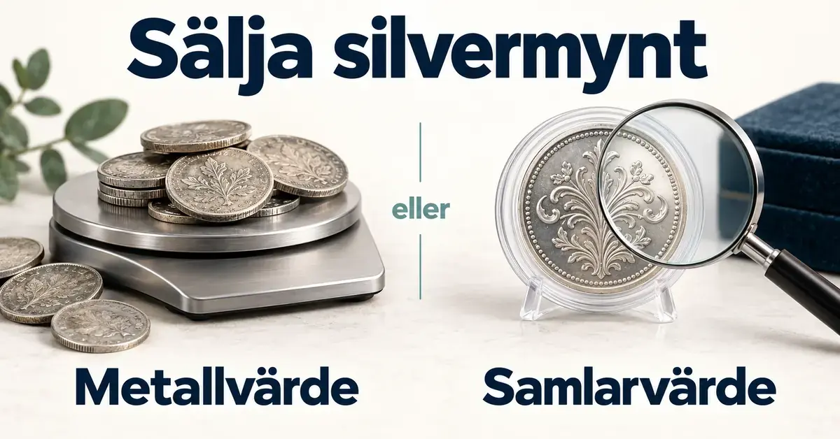 Silvermynt på en våg och ett mynt i kapsel under ett förstoringsglas illustrerar skillnaden mellan metallvärde och samlarvärde.