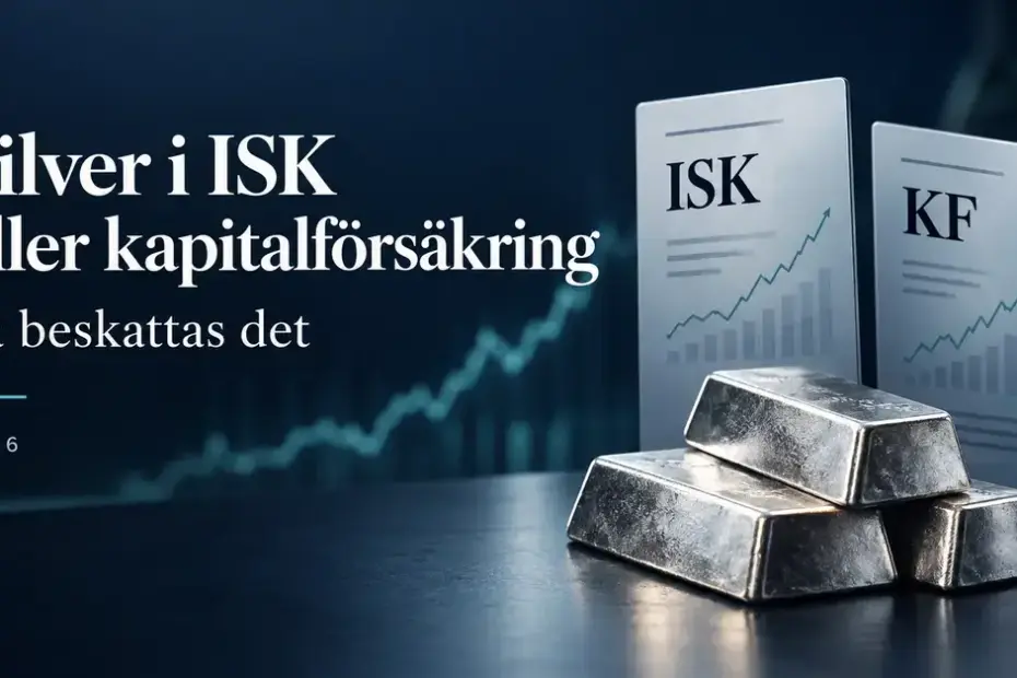 Silvertackor framför dokument märkta ISK och KF med texten ”Silver i ISK eller kapitalförsäkring – Så beskattas det” och årtalet 2026.