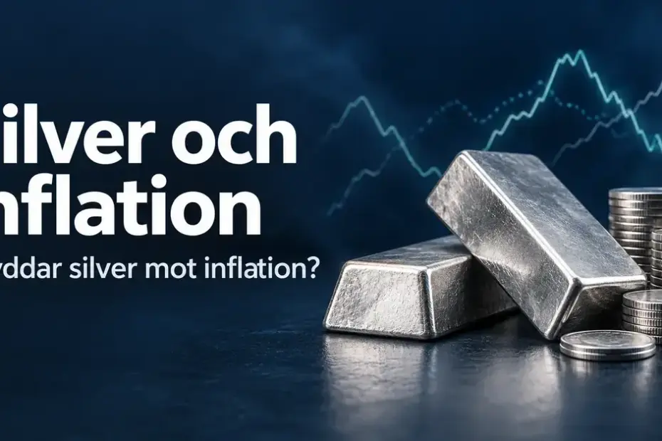 Silvertackor och staplade silvermynt mot mörkblå bakgrund med texten ”Silver och inflation” och frågan ”Skyddar silver mot inflation?”.