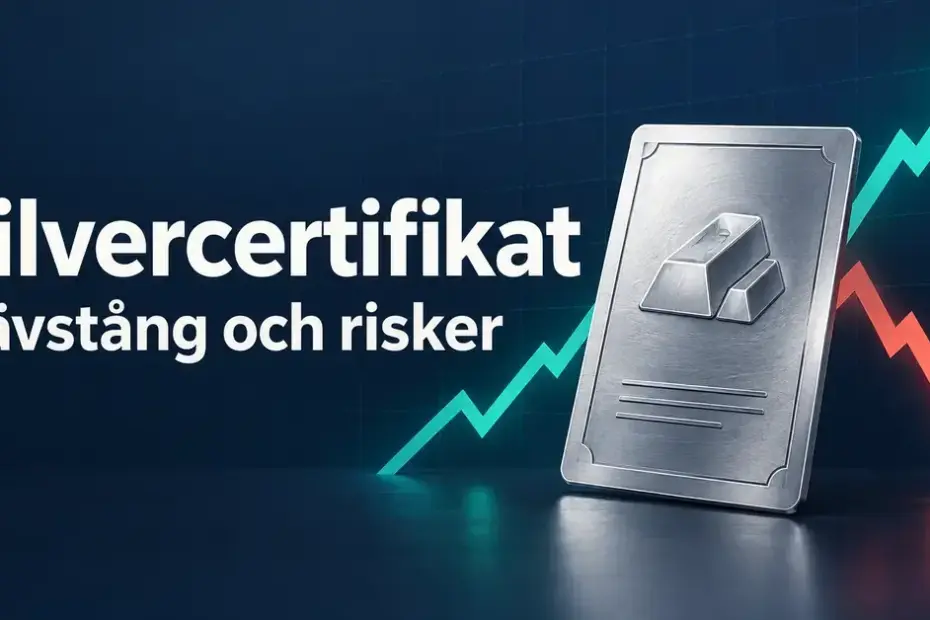 Illustration av ett silvercertifikat med uppåtgående och nedåtgående kurspilar samt en varningssymbol som visar hävstångens möjligheter och risker.