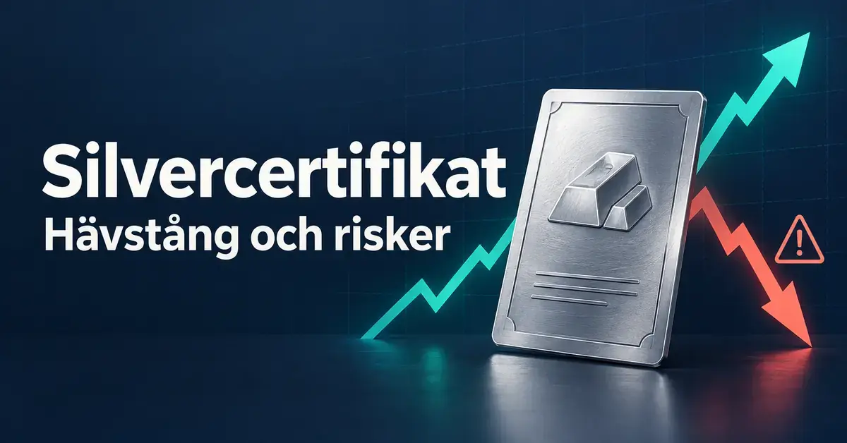 Illustration av ett silvercertifikat med uppåtgående och nedåtgående kurspilar samt en varningssymbol som visar hävstångens möjligheter och risker.