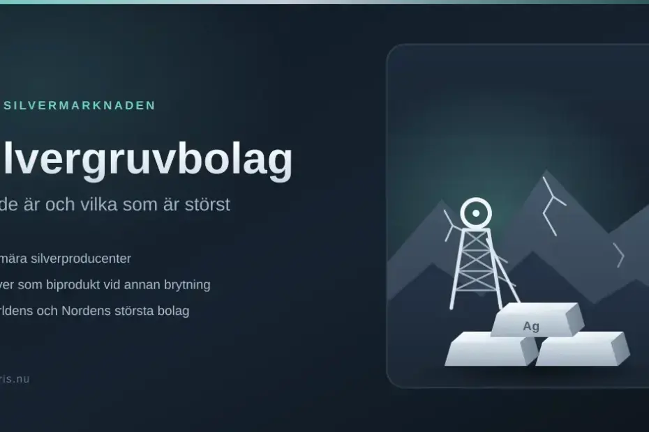 Grafik med rubriken "Silvergruvbolag – vad de är och vilka som är störst" bredvid en illustration av ett gruvtorn i ett bergslandskap med silvermalmådror och en stapel silvertackor märkta Ag.