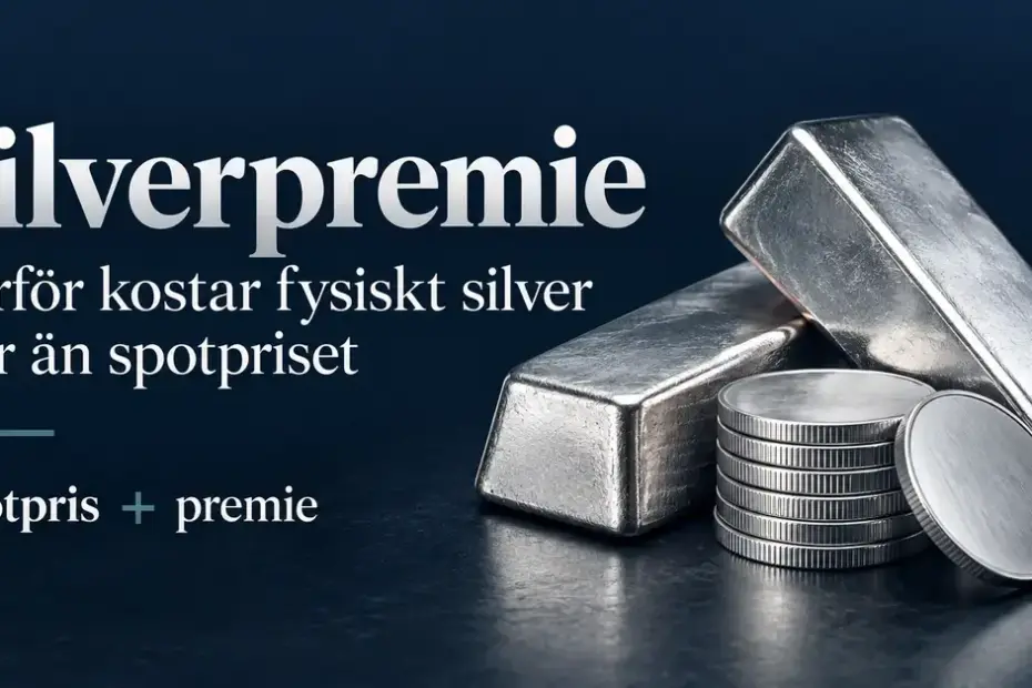 Silvertackor och silvermynt mot mörkblå bakgrund med texten ”Silverpremie – därför kostar fysiskt silver mer än spotpriset” och ”Spotpris + premie”.