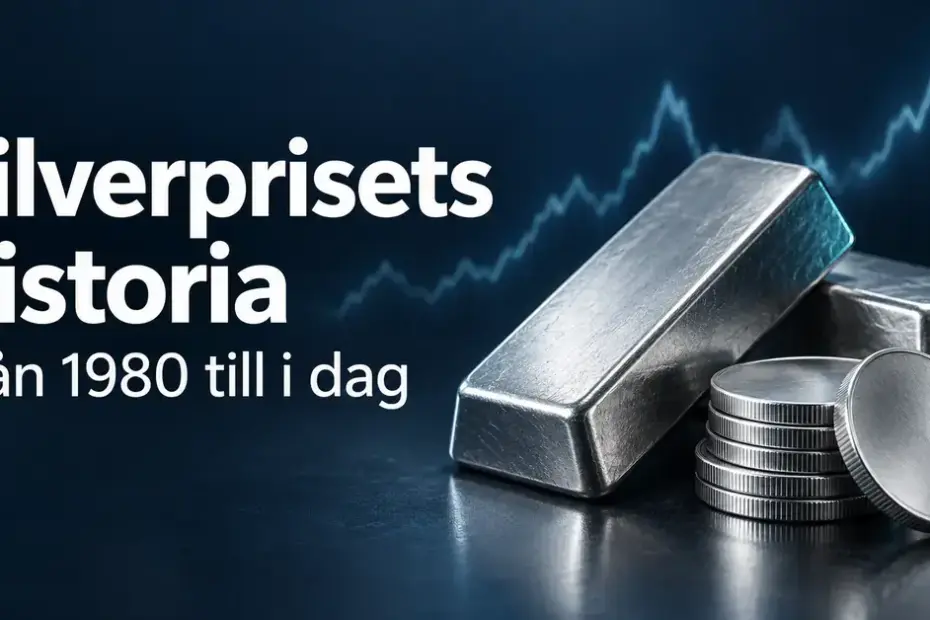 Silvertackor och silvermynt framför en stiliserad priskurva på mörkblå bakgrund med texten ”Silverprisets historia – Från 1980 till i dag”.