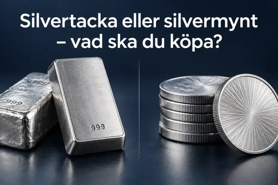 Två silvertackor och en stapel silvermynt mot mörkblå bakgrund med rubriken ”Silvertacka eller silvermynt – vad ska du köpa?”.