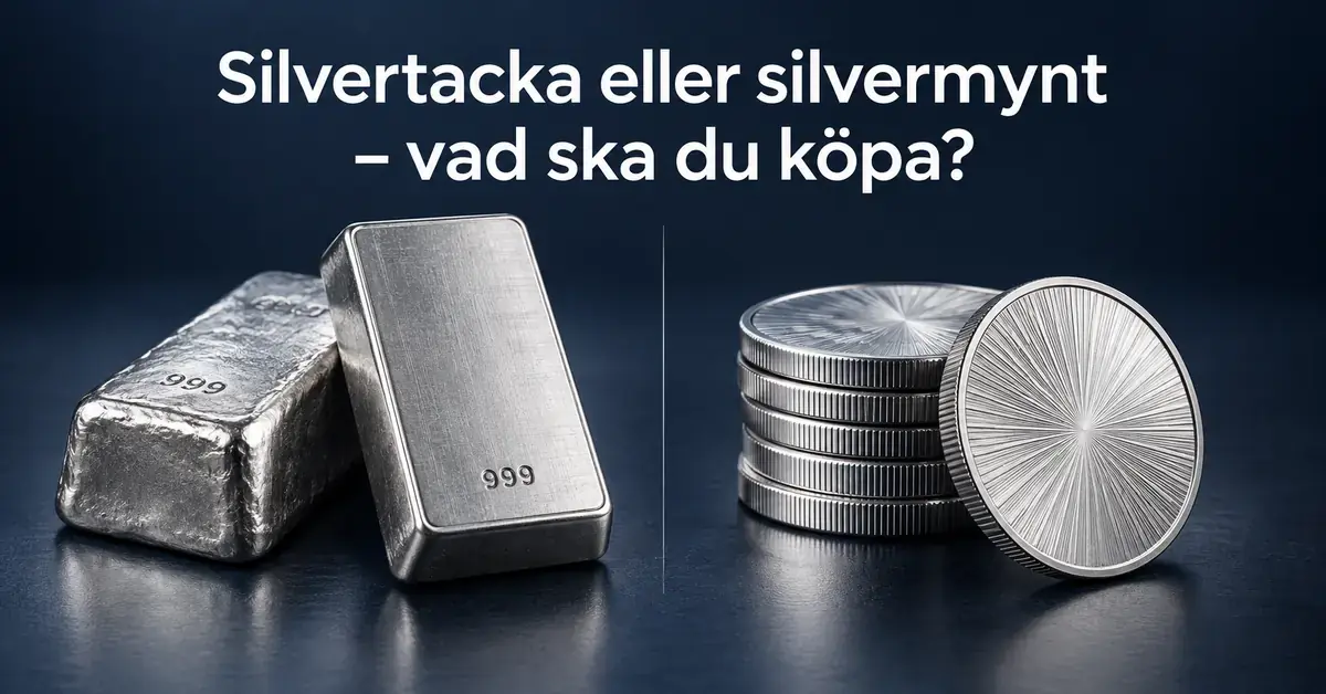 Två silvertackor och en stapel silvermynt mot mörkblå bakgrund med rubriken ”Silvertacka eller silvermynt – vad ska du köpa?”.