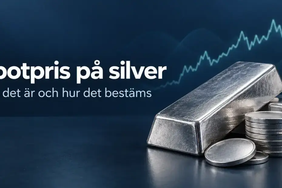 Silvertackor och silvermynt framför en stiliserad priskurva på mörkblå bakgrund med texten ”Spotpris på silver – Vad det är och hur det bestäms”.