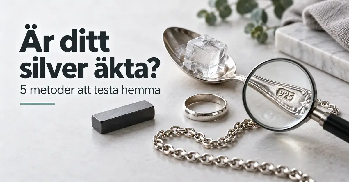 Silversked med en isbit, ring, kedja och magnet samt ett förstoringsglas över stämpeln 925, intill texten ”Är ditt silver äkta? 5 metoder att testa hemma”.
