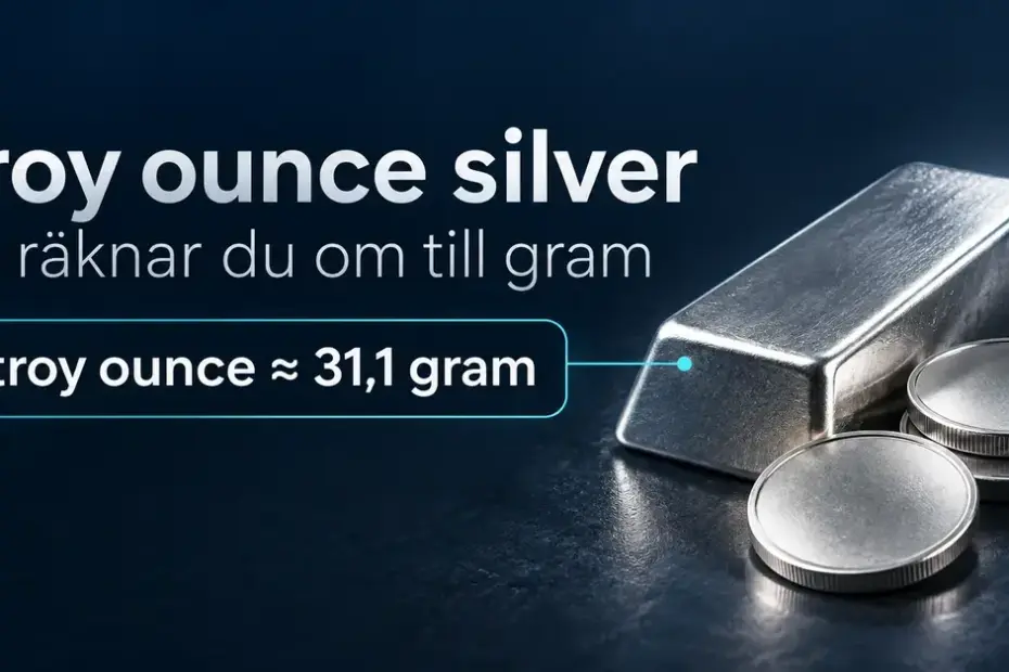 Silvertacka och silvermynt med text som visar att en troy ounce motsvarar cirka 31,1 gram.